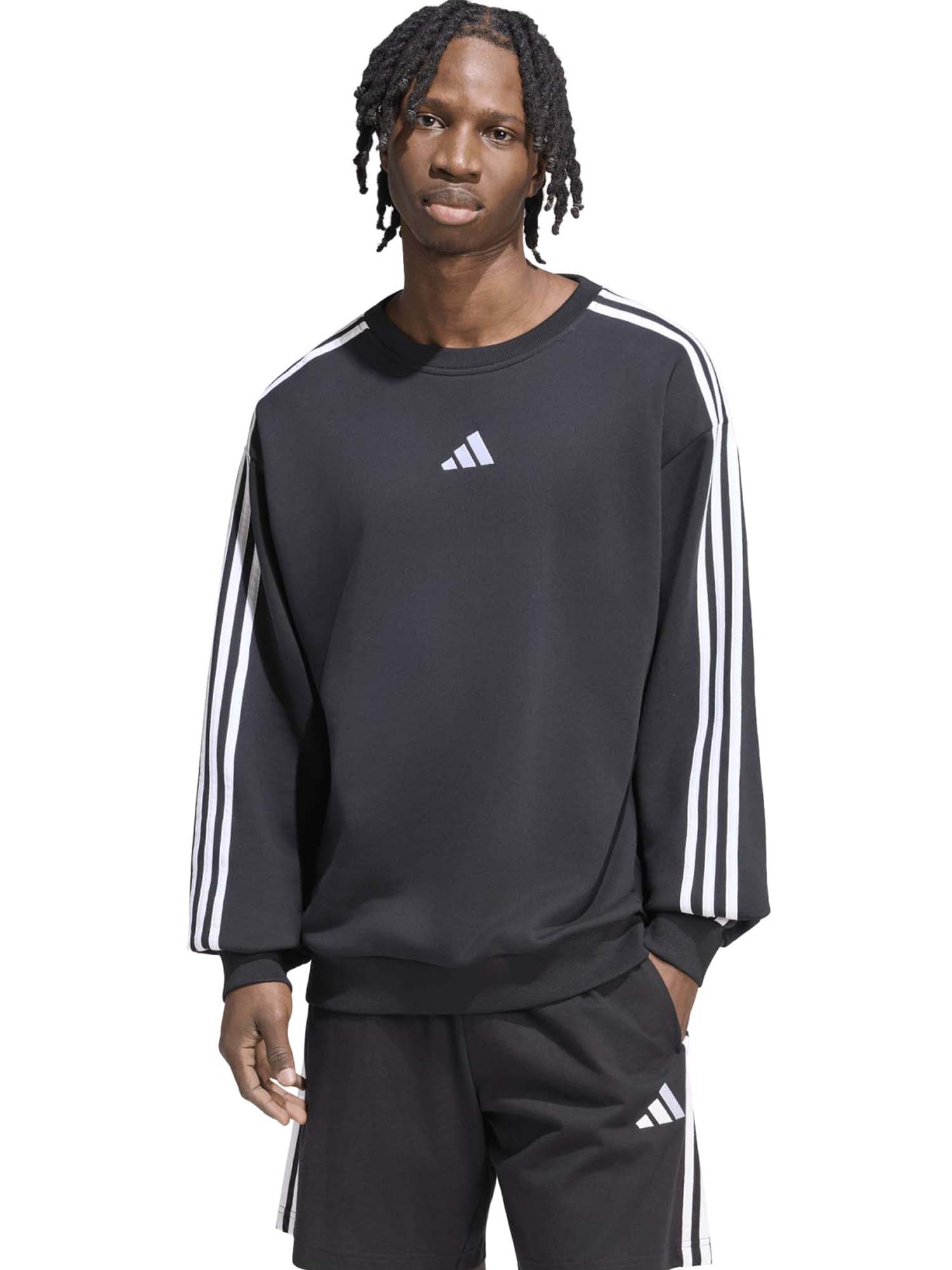 Felpa uomo Adidas Essentials 3 Stripes nera con cappuccio